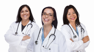 three hispanic and mixed race female doctors or nurses isolated on a white background.